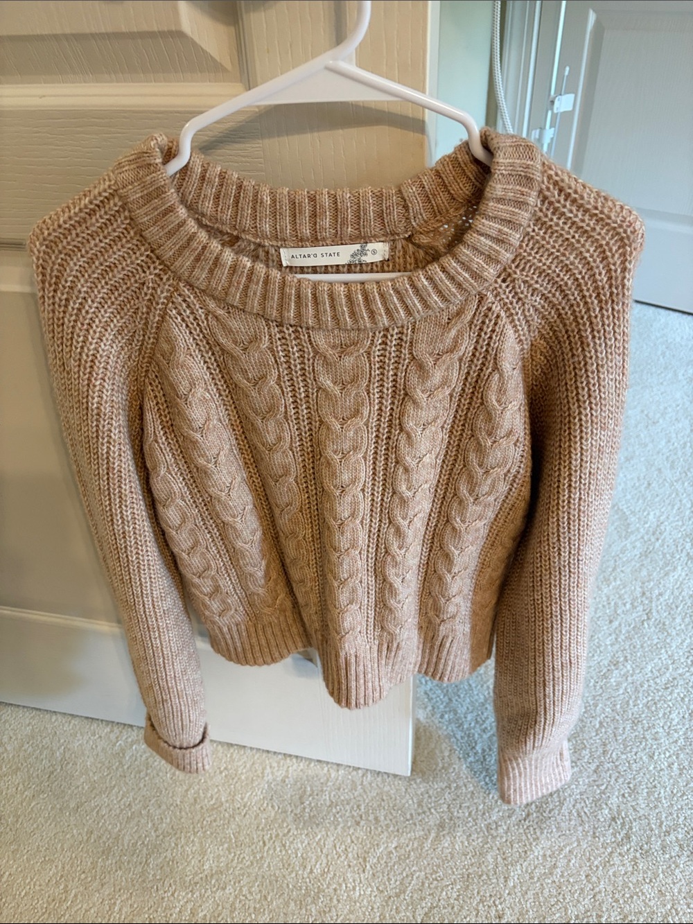 Altar'd State Cable Knit Crewneck Sweater in Tan
